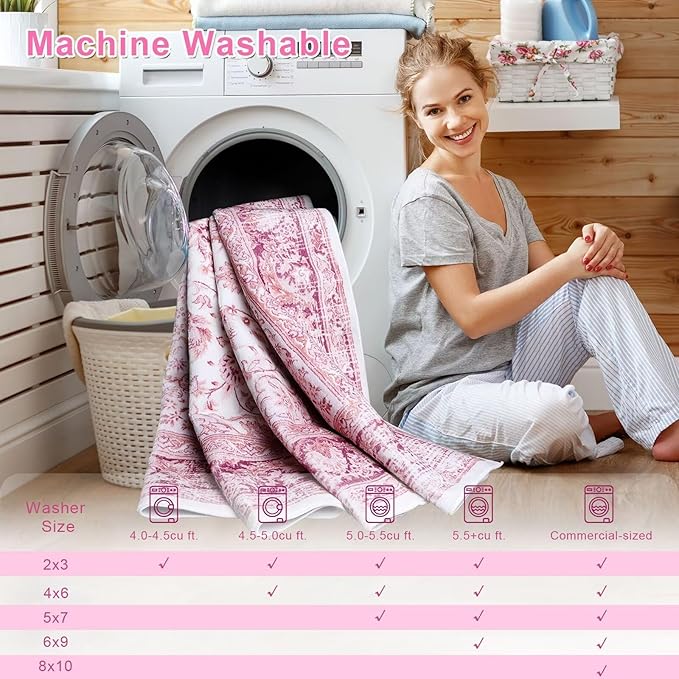 Macgace Bright Pink Area Rug for Living Room, 8x10 Machine Washable Rugs with Non-Slip Backing for Girls Bedroom, Large Vintage Carpet for Kitchen Laundry Kids Room