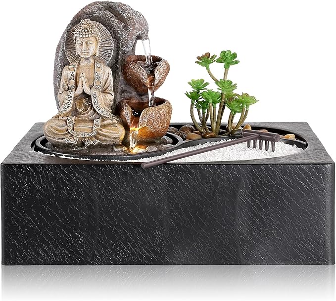 Dyna-Living Water Fountains Indoor Small Tabletop Water Fountain Waterfall Fountain with Zen Garden LED Warm Light Buddha Fountains Indoor for Home Zen Room Decor