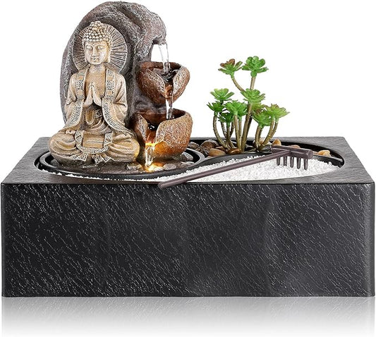 Dyna-Living Water Fountains Indoor Small Tabletop Water Fountain Waterfall Fountain with Zen Garden LED Warm Light Buddha Fountains Indoor for Home Zen Room Decor