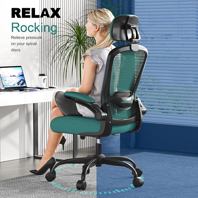 Mimoglad Office Chair, High Back Ergonomic Desk Chair with Adjustable Lumbar Support and Headrest, with flip-up Armrests for Guitar Playing, 5 Years Warranty (Modern, Dark Green(Black Frame))