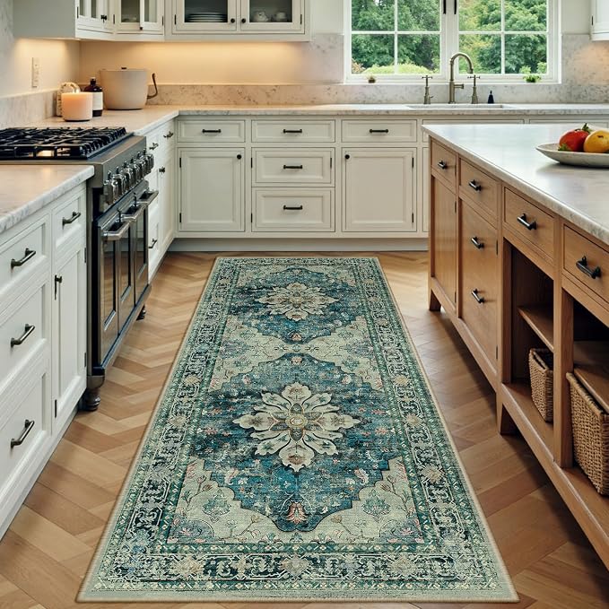 RELEANY Area Rugs Runner 3'x7' Washable Non-Slip, Floral Vintage Distress Medallion Carpet for Kitchen Hallway Bedroom Beside Laundry Room Bathroom, Dark Blue Vintage