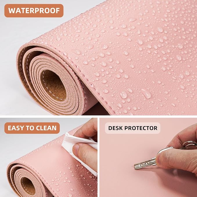 AFIING Cork Desk Mat, Rose Pink, 31.5" x 17", Desk Pad Protector | Dual-Sided Cork & PU Leather, Non-Slip & Waterproof, For Office, Home & Study