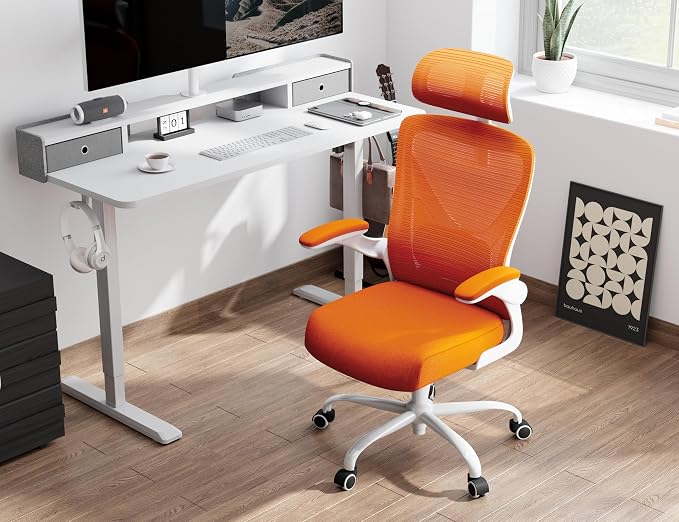 Ergonomic Office Chair: Mesh Desk Chair Comfy with Headrest& Lumbar Support | Ergalithic Big and Tall Office Chairs with Wheels & Flip-Up Arms-Computer Gaming Chairs for Adults Home Office(Orange)