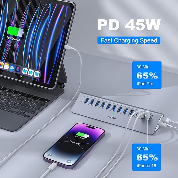 YH9AC Powered USB Hub 10Gbps, intpw 12-Port USB Splitter with USB A/USB C 3.2, 4 USB 3.0, 2 PD 45W Charging Ports, 65W Power Adapter + 3.3FT Cable, Aluminum USB Extender Hub for Laptop/PC/iPhone 16/15