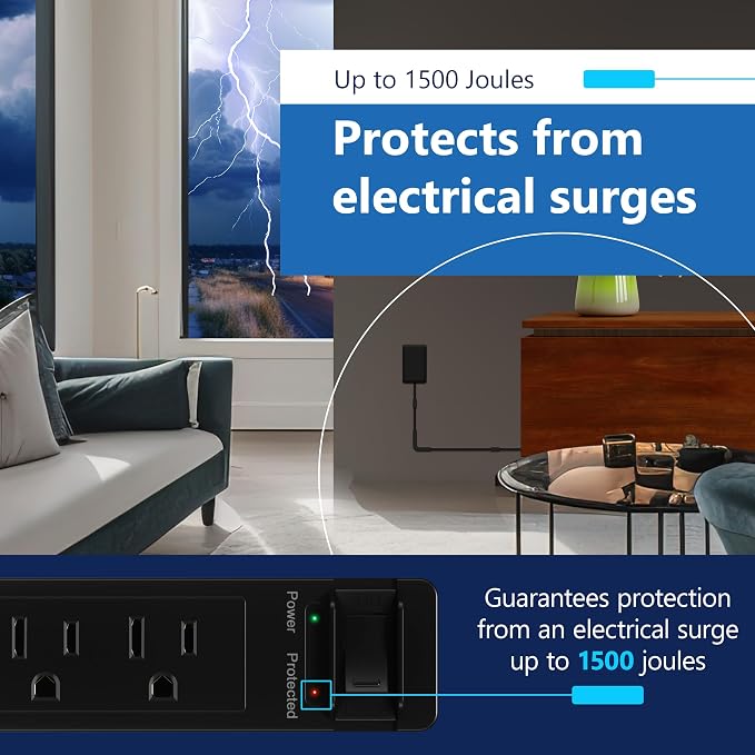 LIDER Surge Protected Outlet Extender, 4-Outlet Power Strip, 1 USB-A & 1 USB-C, Surge Protector 1500J, Ultra-Thin Wall Plate Plug with Cord Extender, 5ft Cord, 1625W, ETL Listed, Matte Black