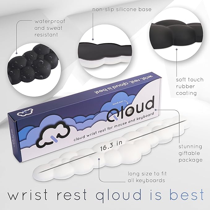 Cloud Keyboard Wrist Rest – Create-ables Qloud Cloud Wrist Rest for Computer Keyboard and Mouse, Ergonomic Memory Foam Wrist Pad with Non-Slip Base, Includes Cloud Mouse Pad – Gray