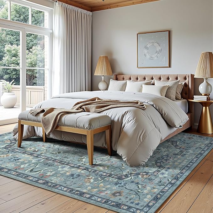 Vasofe 6x9 Area Rug for Living Room, Washable Rugs for Bedroom Room, Dining Room, Vintage Floral Indoor Non Slip Carpet Farmhouse Blue Throw Carpets Soft Low Pile Mat for Classroom Playroom