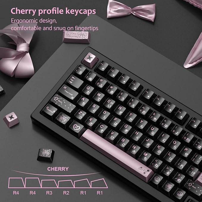 dagaladoo Keyboard keycaps Set, Double Shot PBT keycaps,dye-sub Cherry Profile Custom Key caps 60 65 75 Percent for Cherry-mx 61/66/75/80/87 Retro Mechanical Keyboard,Black/Pink Metal Coating