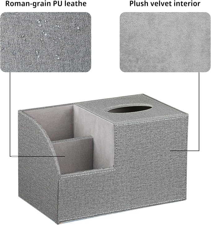 Square Tissue Box Cover with Storage, PU Leather Cube Tissue Box Holder, Remote Control Nightstand Organizer, Modern Desk Caddy for End Table, Bathroom, Bedroom, Home, Office Decor(Grey) | TV Remote Control Holder, Desk Accessories Nightstand Organizer...