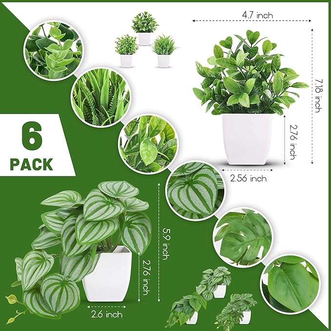 Der Rose 6 Pcs Mixed Small Fake Plants Modern Mini Potted Artificial Plants Indoor with White Pots for Bathroom Shelf Office Desk Bedroom Kitchen Decor