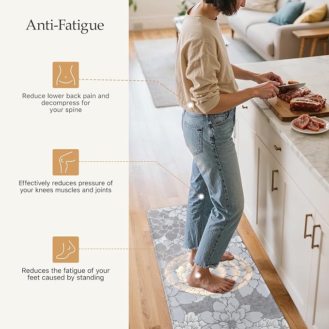 GENIMO Anti Fatigue Kitchen Mats for Floor 2PCS, Cushioned Standing Mats | 17.3"x59"&17.3"x30", Lavender Greyvintage floral rug set, waterproof, non slip, easy-clean for farmhouse