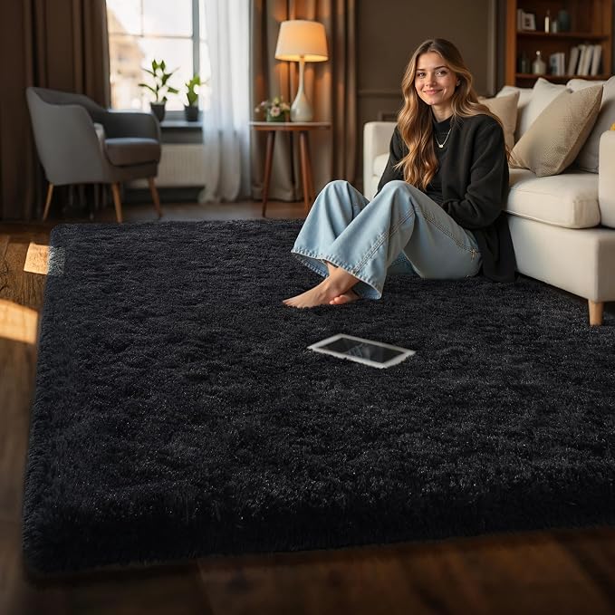 HOMORE Black Rugs for Living Room, 5x8 Area Rugs for Bedroom Fluffy Furry Rug for Kids Room, Large Shaggy Rug for Teen Boys Girls Room, Big Fuzzy Carpet for Dorm Home Decor