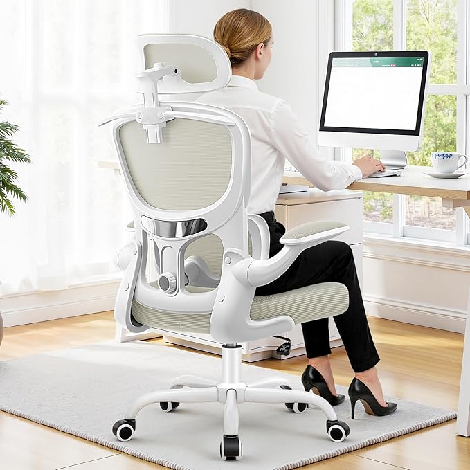 ALLGOD Ergonomic Office Chair, Mesh Desk Chair with Lumbar Support, High Back Home Office Chair with Adjustable Headrest and Flip-Up Arms, Comfortable Computer Chair, Thick Cushion, 300 LBS, White