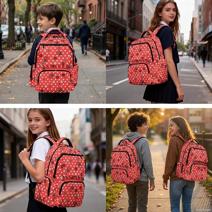 WELLFLYHOM 4 PCS Red Polka Dot Ladybug 17 Inch Backpack for Girls Ages 8-12 | Complete School Backpack Set with Matching Lunch Box, Pencil Case and Water Bottle Sleeve, Durable for Junior High Students