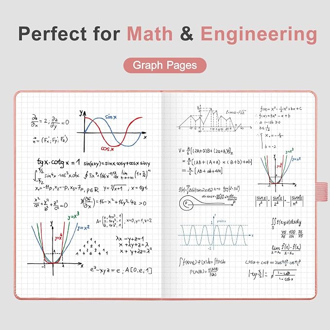 AHGXG Graph Grid Paper Notebook, 160 Pages, A5 Medium Size (5.7'' x 8.3''), 120 GSM Thick Paper, Leather Hardcover, for School, Students, Math, Engineering (Pink)