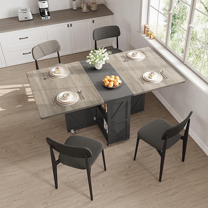 Jocoevol Folding Dining Table for Small Spaces, Space Saving Foldable Kitchen Table with Drawer & 2-Tier Storage Shelf, Rolling Expandable Dining Table with Wheels, Farmhouse, Grey
