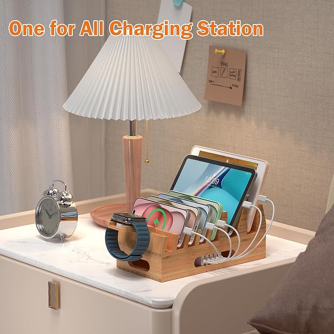 Pezin & Hulin Bamboo Charging Station with 5-Port USB Charger & 5 Cables | 7-Slot Wood Organizer, Magnetic Snap Assembly, Thick Base, Non-Slip Pads, Hidden Cord Box. Ideal for Home Office & Bedside