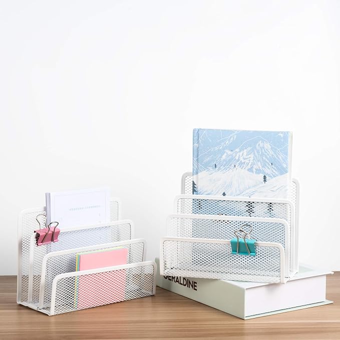 VANRA Small Letter Sorter Pack of 2 Desktop File Organizer Metal Mesh Paper Stacking Sorter Holder 3 Slots (2 White)