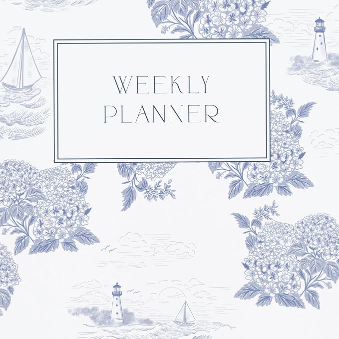 Minted Coastal Toile 2026 Weekly & Monthly Undated Planner, 5.5" x 8.5" Blue Nautical Spiral Bound Planner Notebook, 132 Pages, Undated Monthly & Weekly Layouts for Home or Office