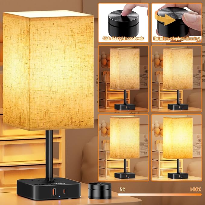 cozoo Bedside Table Lamp for Bedroom, 3 Way Dimmable & Remote Control Stepless Dimming Touch Nightstand Lamp, 2 USB Ports and 2 AC Outlets, Small Desk Light for Living Room, Bed, Study, Flaxen