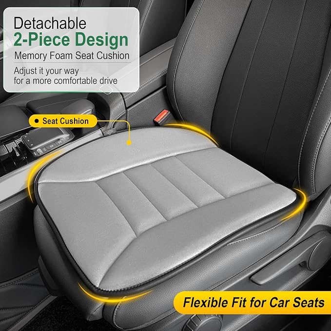 kingphenix 3-Piece Memory Foam Car Seat Cushion Set for Driving Comfort | 2 Front Seat Cushions and 1 Rear Bench Pad, 1.2-Inch Memory Foam, Non-Slip Bottom for Sedan, SUV, Truck and Van, Gray