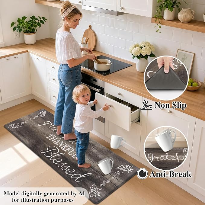 HEBE Anti Fatigue Kitchen Rugs Set of 2, Non Slip Cushioned Kitchen Mats for Floor, Waterproof Farmhouse Kitchen Carpet Set Comfort Standing Desk Mat for Sink,Office,Laundry