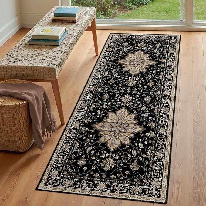 RELEANY Area Rugs Runner 3'x6' Washable Non-Slip, Floral Vintage Distress Medallion Carpet for Kitchen Hallway Bedroom Beside Laundry Room Bathroom, Black Brown Neutral Dark Tan