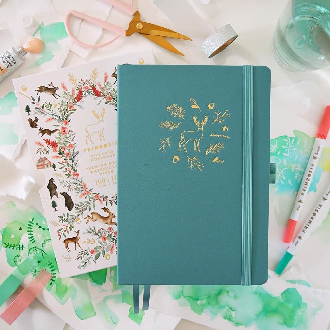 Primrosia A5 Dot Grid Watercolor Journal Notebook – 160 pages I 160gsm Premium Heavy Paper, No Bleed – Luxe Linen Hard Cover (Teal Deer)