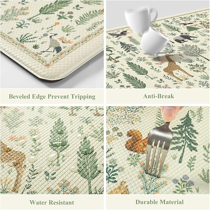 KIMODE Anti Fatigue Kitchen Mats for Floor,Cushioned Kitchen Rug Sets of 2 | Beige,Farmhouse Animal Forest Kitchen Rugs Non Slip,Memory Foam Padded Kitchen Standing Floor Mat for Laundry Sink Office