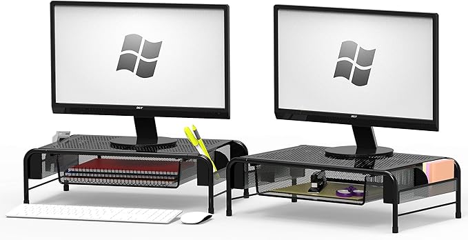 Simple Houseware Metal Desk Monitor Stand Riser w/ Drawer, 2-Pack, Black | Side Storage for Office Supplies