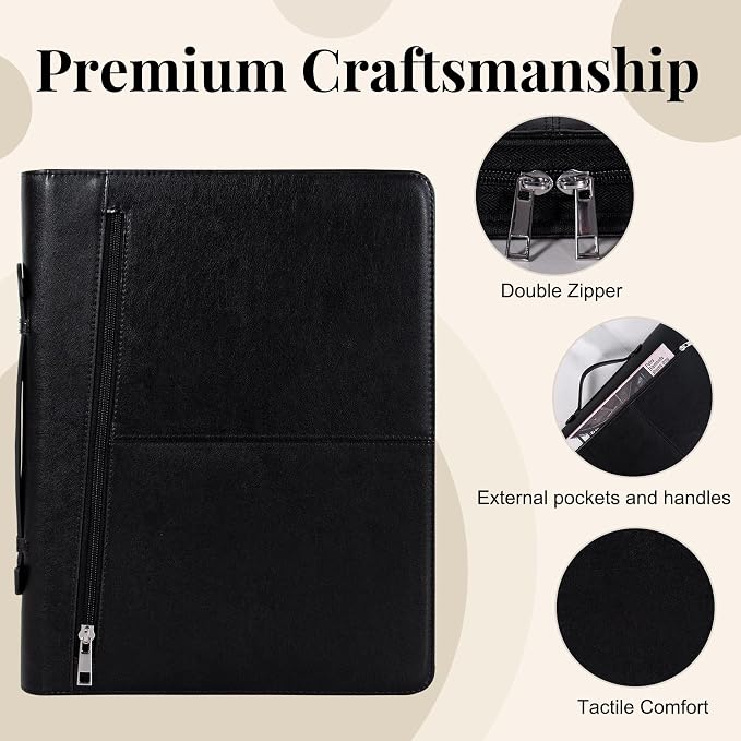 Calfinder Portfolio Binder, Portfolio with Handle and Zipper, Leather Portfolio for Men Women,Portfolio Organizer with Business Card Holder for A4 Letter Size Notepad,Gift for Father's Day
