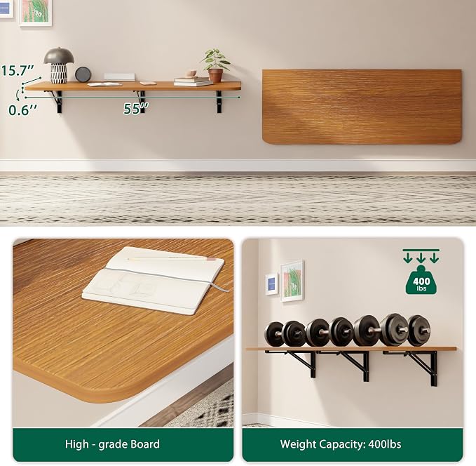 Dogsky Wall Mounted Folding Table, Floating Desk 55x15.7Inch, Fold Down Shelf Wall Mounted with Heavy Iron Brackets, Foldable Table for Launrdy Room, Office Study Work Bench, Kitchen Dining, Burlywood