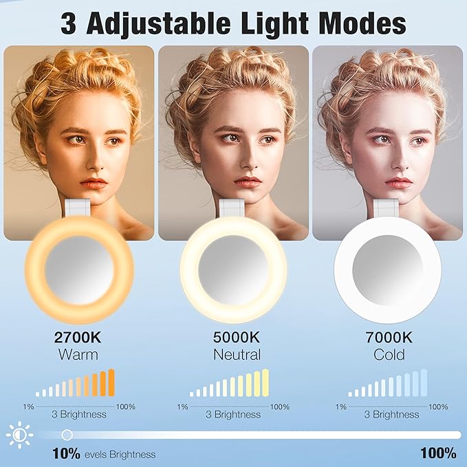 Magnetic Selfie Light for Laptop, iPhone, iPad, Built-in Mirror, Portable Phone Ring Light with 3 CCT & 10 Levels of Brightness, Selfie Ring Fill Light for Streaming, Vlogging, Podcasting