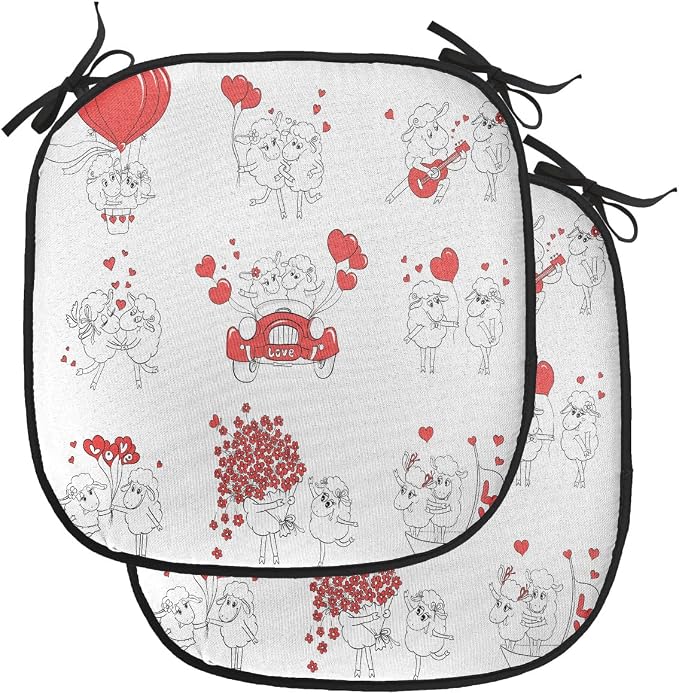 Lunarable Love Chair Cushion Pads Set of 2, Couple in Love Funny Pictures Happy Sheep Wedding Theme Doodle Style Illustration, Anti-Slip Seat Padding for Kitchen & Patio, 16"x16", Red Black White