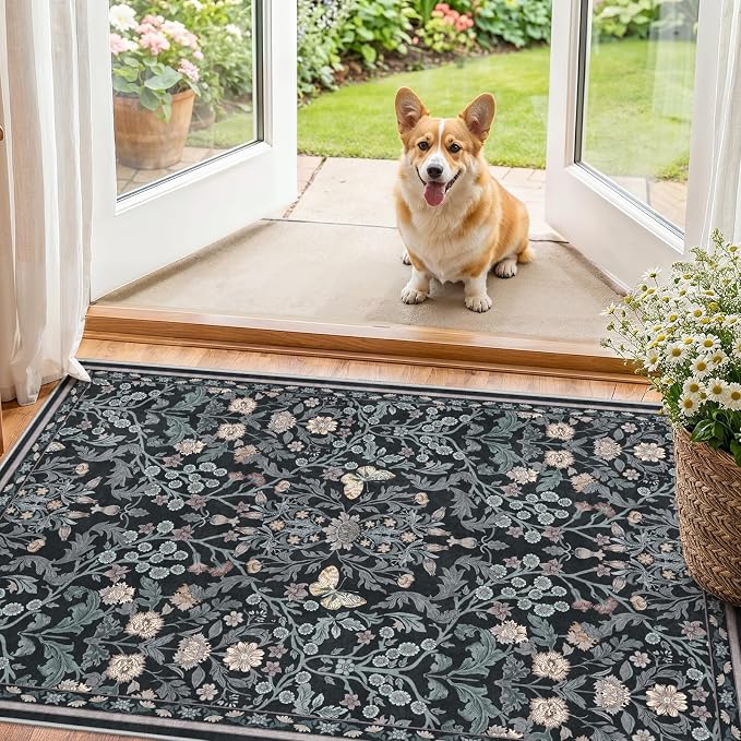 Puino Washable Entryway 3x4 Rug: Small Rugs for Indoor Entrance Vintage Floral Non Slip Backing Door Mat Low Pile Stain Resistant Carpet for Bedroom Kitchen Bathroom Bedside Dark Botanical