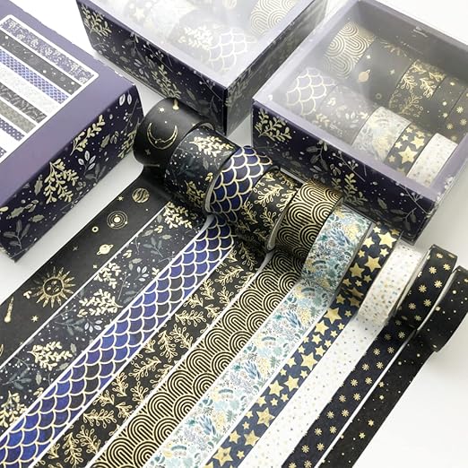 Creative Washi Tape Set 10 Rolls Gold Foil Print Decorative Masking Tapes for Arts, DIY Crafts, Journals, Planners, Scrapbook, Wrapping (Black Mashup)