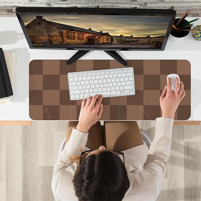 AFIING Brown Checkered Desk Pad 31.5" x 12" | Waterproof PU Leather, Non-Slip Rubber Base, Checkered Design, Office & Home