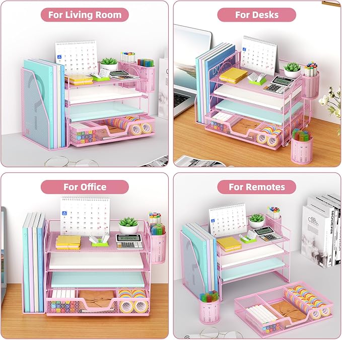 Marbrasse 4-Tier Paper Tray Organizer with Drawer and Pen Holder, Pink | Metal Mesh Desk Organizer, Built-in Drawer & 2 Pen Slots, fits letters/Files, for School Home Office Supplies