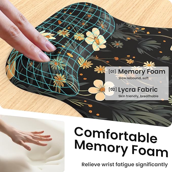 AKIT Ergonomic Mouse Pad and Keyboard Wrist Rest,Memory Foam,Flower Black | 3-in-1 Set Iincludes Mouse Pad and Keyboard Wrist Rest,Memory Foam for Comfort,Suitable for Home, Office, Gaming