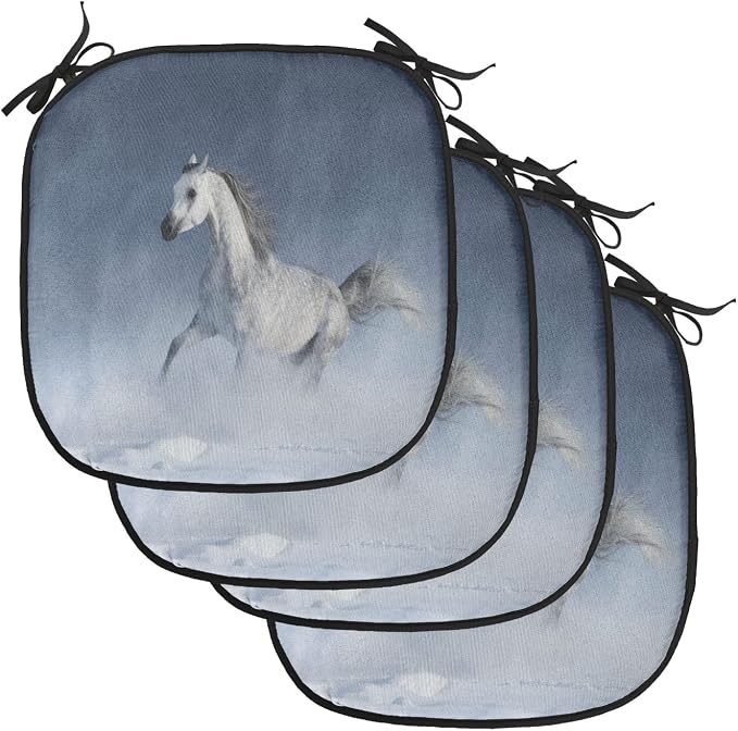 Lunarable Orient Chair Cushion Pads Set of 4, Horse Galloping During a Snowstorm Stallion Winter Snow View Equine Print, Anti-Slip Seat Padding for Kitchen & Patio, 16"x16", Night Blue