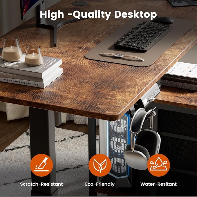 REAHOME 47 Inch Rustic Brown Height Adjustable Standing Desk with Drawers | Dual Motor Sit-Stand Frame With 3 Memory Presets, Printer Cabinet, Hooks & Cable Management For Home Office Gaming Desk