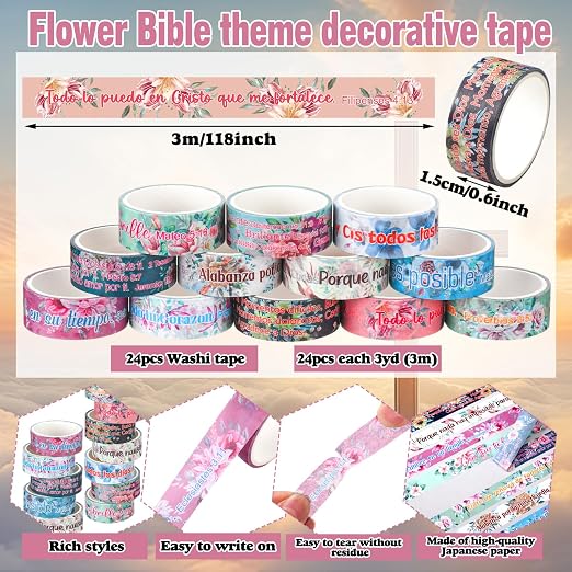 24 Rolls Back to School Christian Washi Tape Gifts Bulk Graduation VBS Religious Scripture Spanish Floral Bible Verse Washi Tape for Bible Journaling Crafting Students BibleStudy Stationery