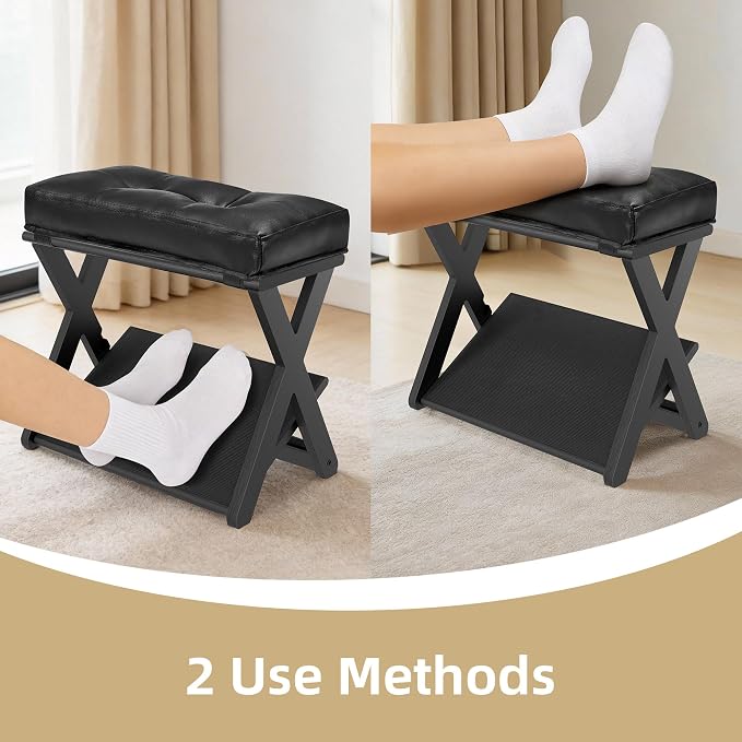 Adjustable Foot Rest Under Desk at Work, Footrest Under Desk | double step, wooden, non-slip EVA surface, office foot stool for posture support, leg relief, home office & gaming-black