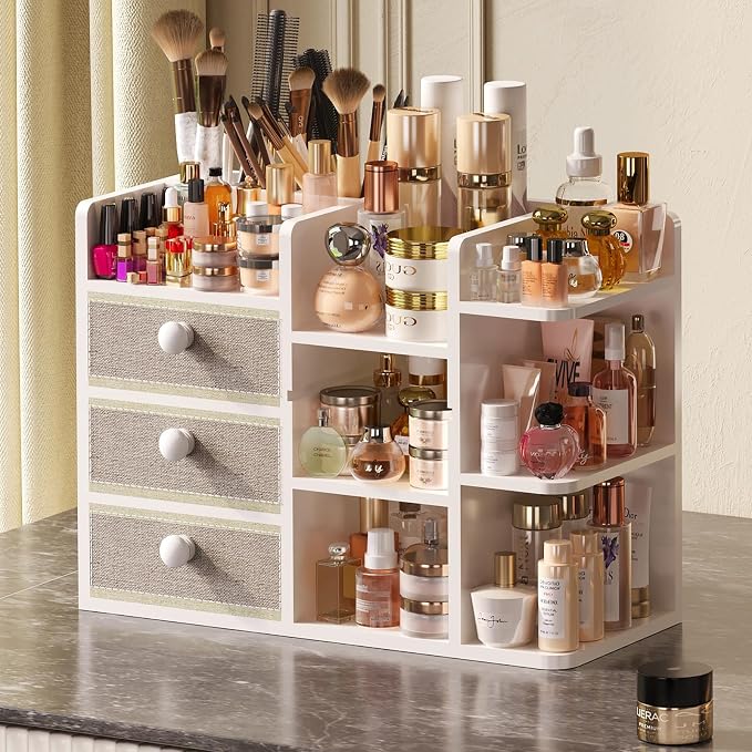 Large Makeup Organizer Countertop With Brush Holder Drawer For Vanity,Bamboo Bathroom Counter Organizers And Storage,Cosmetic Skincare Perfume Organizer,Easy To Store Nail Polish, Lipstick, Eyeshadow
