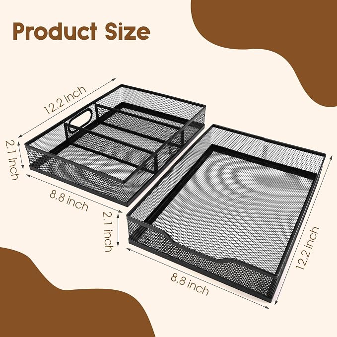 Yummy Sam 2 Pack Metal Mesh Office Desk Drawer Organizer Tray | Anti-Slip, 3 Compartments with Dividers, A4 Paper Large Letter Tray, for Desk, Home, Office Supplies, 12.2X8.8x2.1Inches
