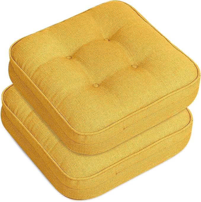 GOFORIT Memory Foam Cushion，Square Seat Cushions for Dining Chairs,Non-Slip Chair Pads with Removable Cover, 16'' x 16'', 2 Pack,Yellow