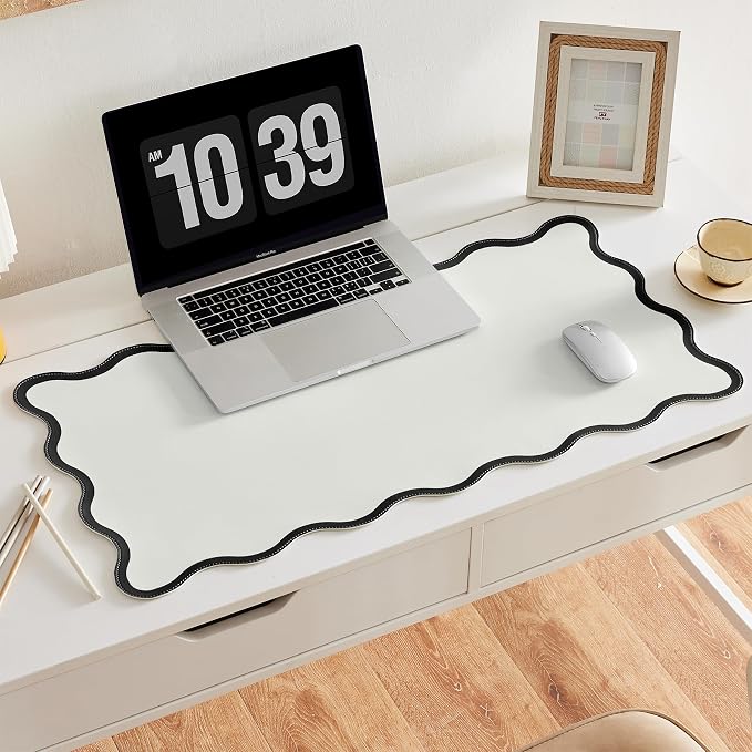 Scalloped Desk Mat, 31.5" x 15.7", PU Leather, Waterproof Anti-Slip, Cute Aesthetic Desk Pad for Office/Home/Game/Vanity (Black, 31.5" x 15.7")