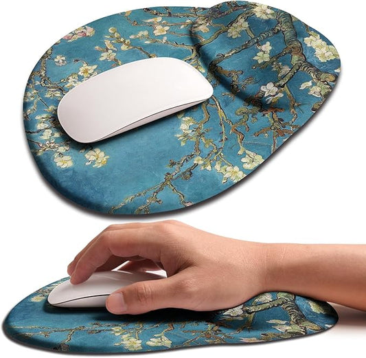Palm-Rest and Wrist-Hugging Mouse Pad Wrist Rest, Ergonomic Wrist Support with Curve Fitting Cushioned Memory Foam for Carpal Tunnel Pain Relief, 9.9 x 8.3 Inch, Van Gogh Apricot Blossom