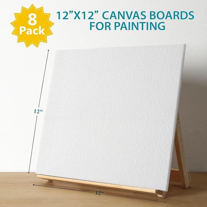 KEFF Canvas Boards for Painting - 12x12 8-Pack Bulk Canvas Panels, 100% Cotton Triple Primed Large Canvases for Art Painting Supplies, Acrylic, Oil, Watercolor & Tempera