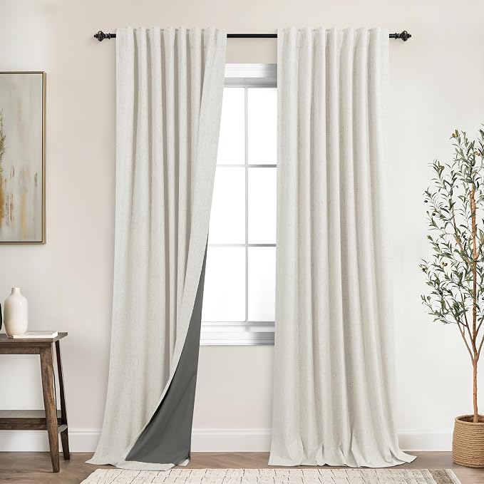 KOUFALL 92 Inch Linen Blackout Curtains, Thermal Insulated Room Darkening Drapes for Living Room Bedroom Large Window Floor Length 2 Panel Set, 52" W x 92" L, Cream Beige